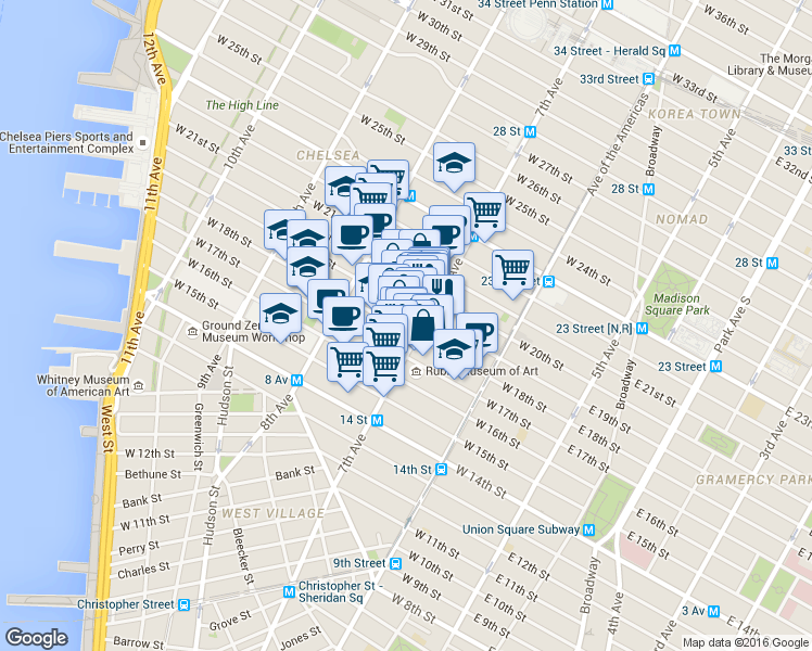 map of restaurants, bars, coffee shops, grocery stores, and more near in New York