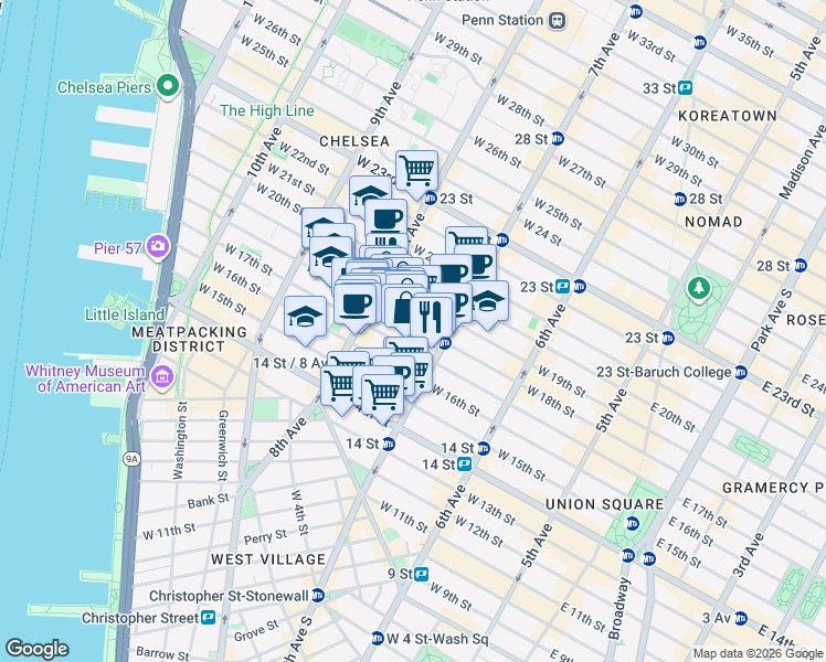 map of restaurants, bars, coffee shops, grocery stores, and more near in New York