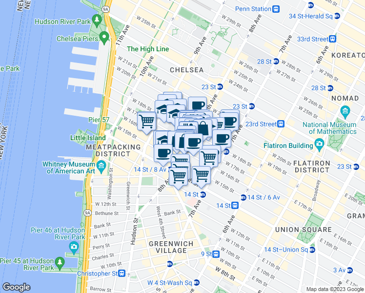 map of restaurants, bars, coffee shops, grocery stores, and more near 128 8th Avenue in New York