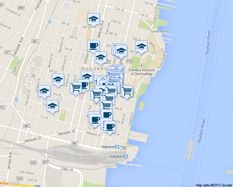 map of restaurants, bars, coffee shops, grocery stores, and more near 407 Washington Street in Hoboken