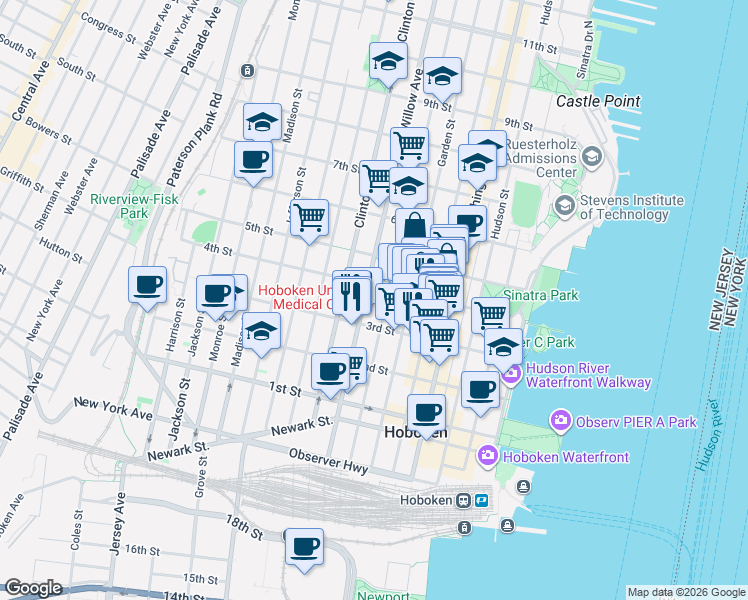 map of restaurants, bars, coffee shops, grocery stores, and more near 336 Park Avenue in Hoboken