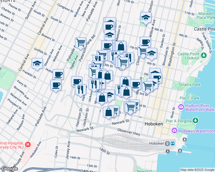 map of restaurants, bars, coffee shops, grocery stores, and more near 300 Madison Street in Hoboken