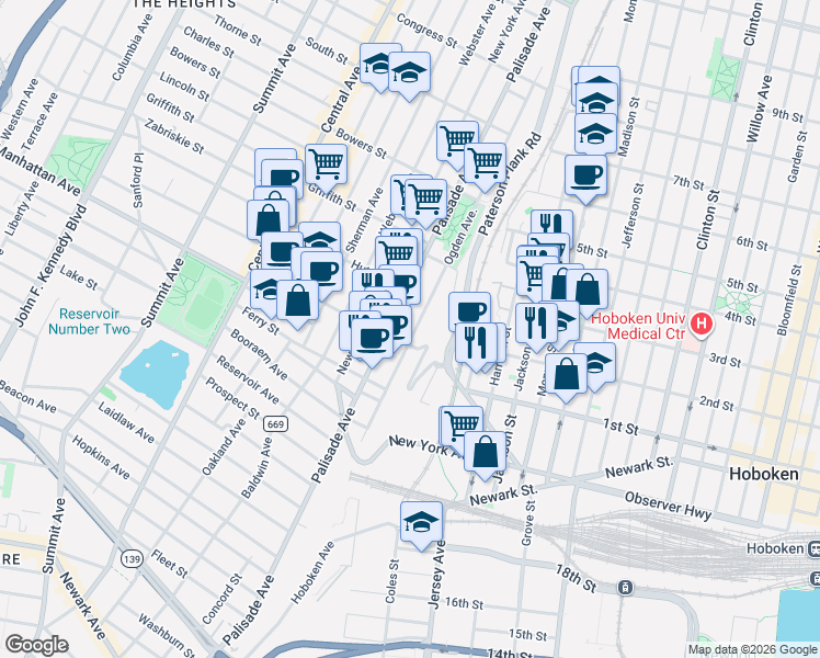 map of restaurants, bars, coffee shops, grocery stores, and more near 220 Ogden Avenue in Jersey City