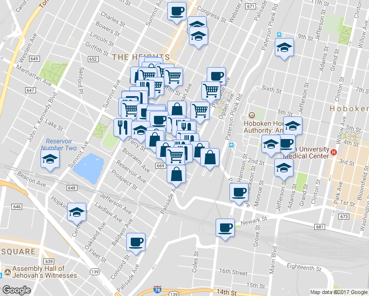 map of restaurants, bars, coffee shops, grocery stores, and more near 63 Franklin Street in Jersey City
