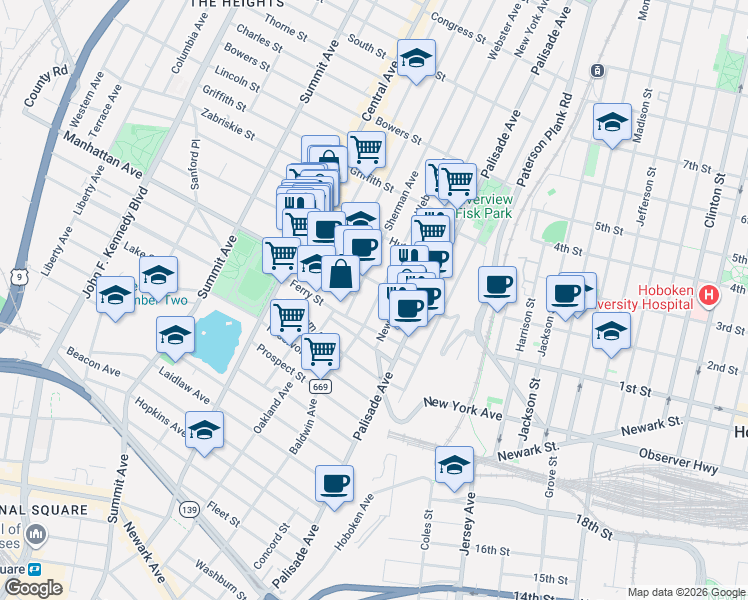 map of restaurants, bars, coffee shops, grocery stores, and more near 63 Franklin Street in Jersey City
