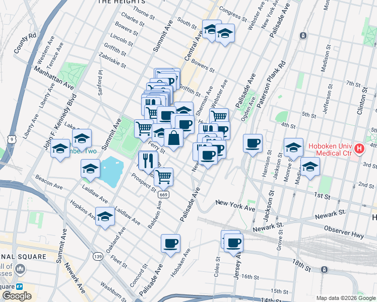 map of restaurants, bars, coffee shops, grocery stores, and more near 19 Sherman Avenue in Jersey City