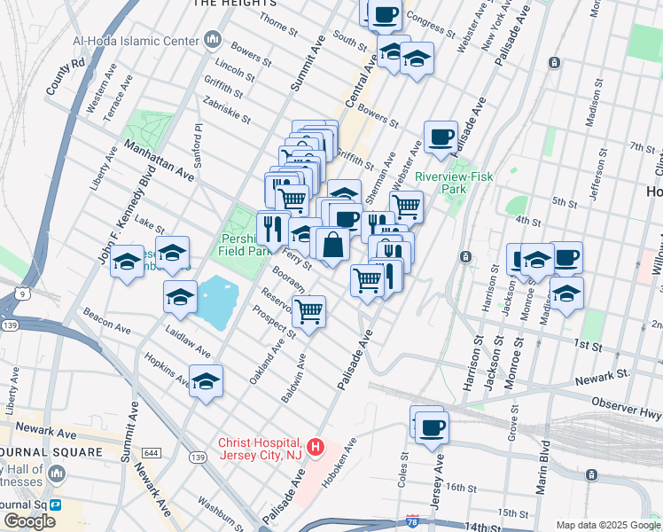 map of restaurants, bars, coffee shops, grocery stores, and more near 19 Sherman Avenue in Jersey City