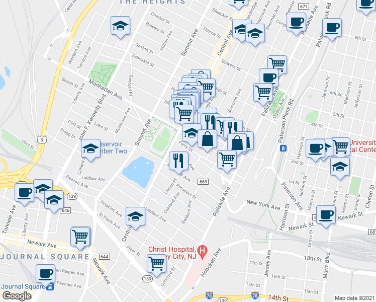 map of restaurants, bars, coffee shops, grocery stores, and more near 100 Ferry Street in Jersey City