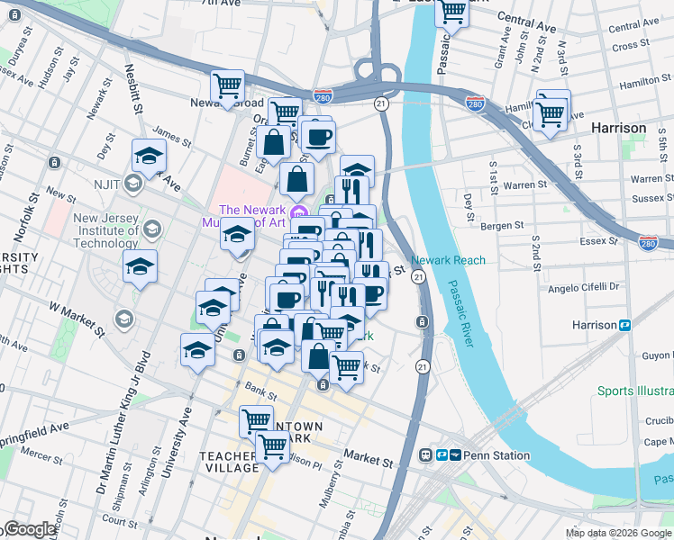map of restaurants, bars, coffee shops, grocery stores, and more near 576 Broad Street in Newark