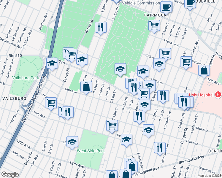 map of restaurants, bars, coffee shops, grocery stores, and more near 398 South 15th Street in Newark
