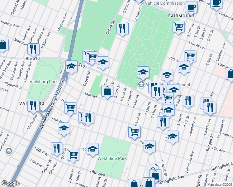 map of restaurants, bars, coffee shops, grocery stores, and more near 427 South 16th Street in Newark