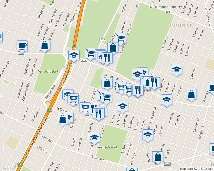 map of restaurants, bars, coffee shops, grocery stores, and more near 445 South 18th Street in Newark