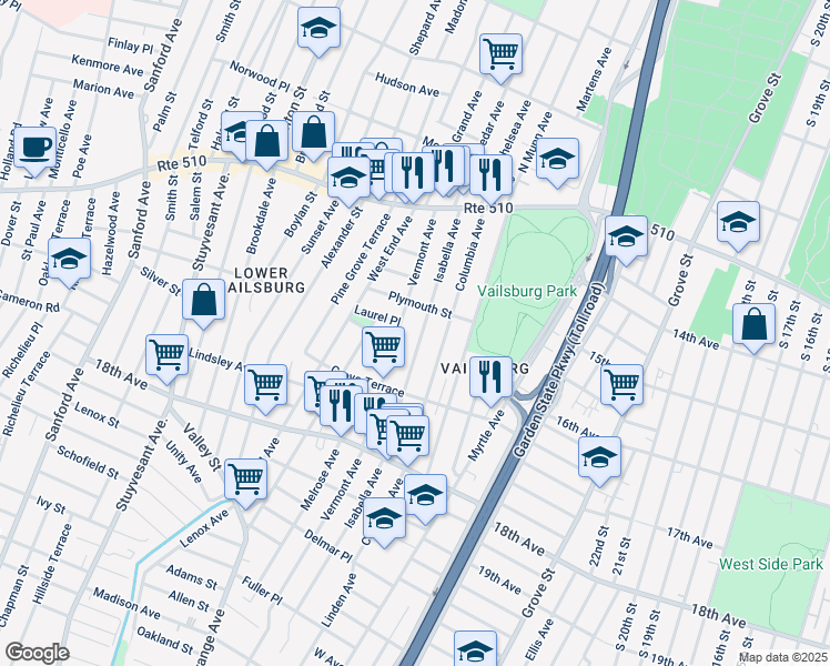 map of restaurants, bars, coffee shops, grocery stores, and more near 105 Isabella Avenue in Newark