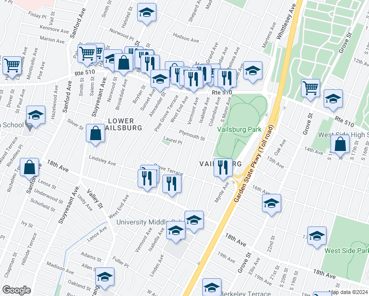 map of restaurants, bars, coffee shops, grocery stores, and more near 105 Isabella Avenue in Newark