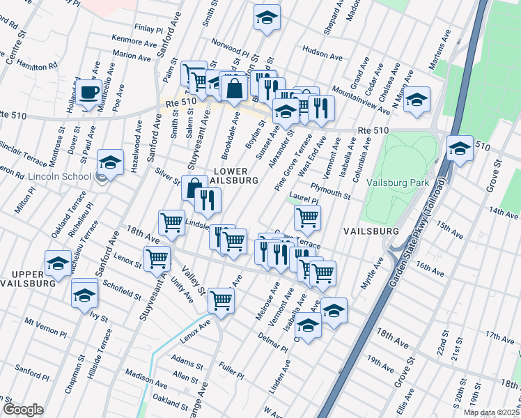 map of restaurants, bars, coffee shops, grocery stores, and more near 126 Alexander Street in Newark
