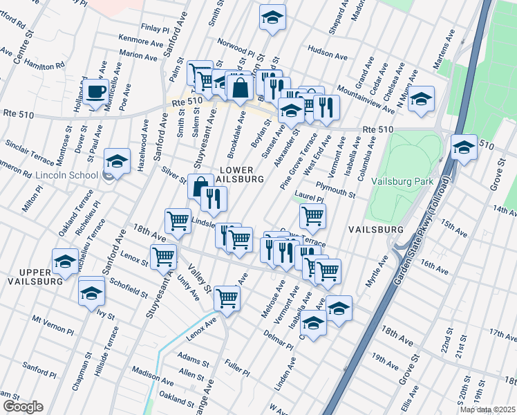 map of restaurants, bars, coffee shops, grocery stores, and more near 126 Alexander Street in Newark