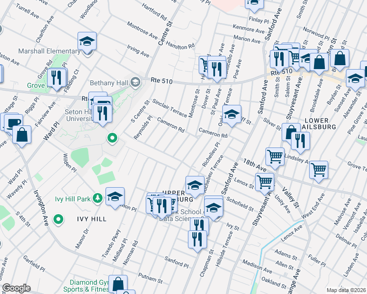 map of restaurants, bars, coffee shops, grocery stores, and more near 120 Montrose Street in Newark