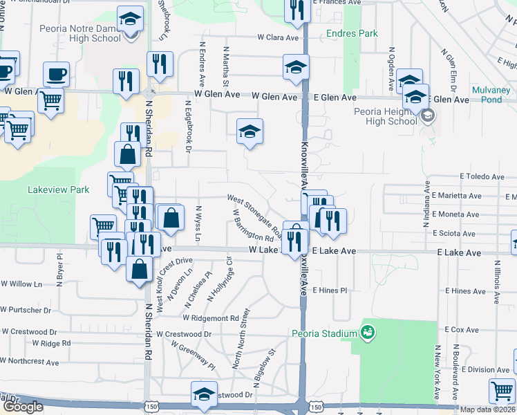 map of restaurants, bars, coffee shops, grocery stores, and more near 319 West Stonegate Road in Peoria