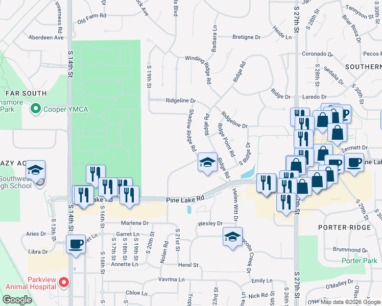 map of restaurants, bars, coffee shops, grocery stores, and more near 6851 Shadow Ridge Road in Lincoln