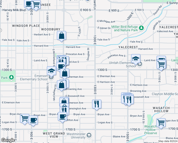map of restaurants, bars, coffee shops, grocery stores, and more near 1272 East 1300 South in Salt Lake City