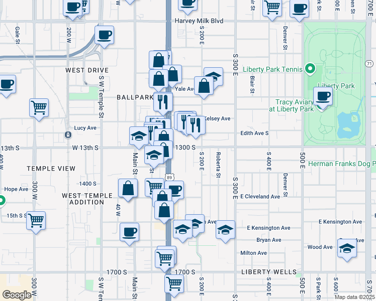 map of restaurants, bars, coffee shops, grocery stores, and more near 150 East 1300 South in Salt Lake City