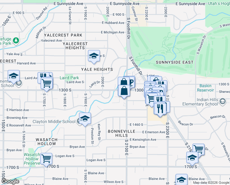 map of restaurants, bars, coffee shops, grocery stores, and more near 2034 East 1300 South in Salt Lake City