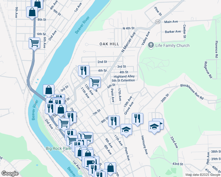 map of restaurants, bars, coffee shops, grocery stores, and more near 604 Penn Avenue in New Brighton