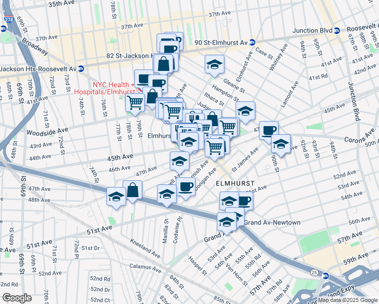 map of restaurants, bars, coffee shops, grocery stores, and more near 8052 47th Avenue in Queens