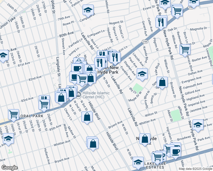 map of restaurants, bars, coffee shops, grocery stores, and more near 1046 North 7th Street in New Hyde Park