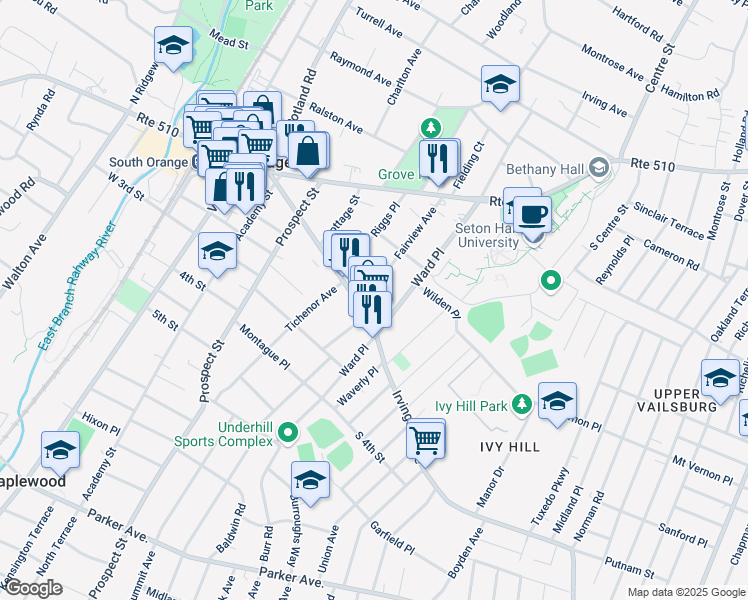 map of restaurants, bars, coffee shops, grocery stores, and more near 152 Fairview Avenue in South Orange