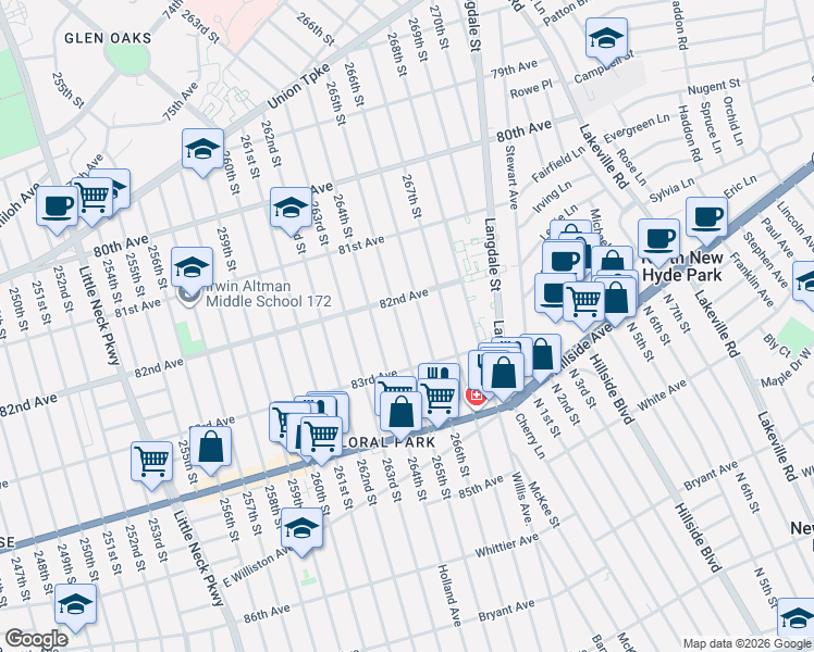 map of restaurants, bars, coffee shops, grocery stores, and more near 82-30 266th Street in Queens
