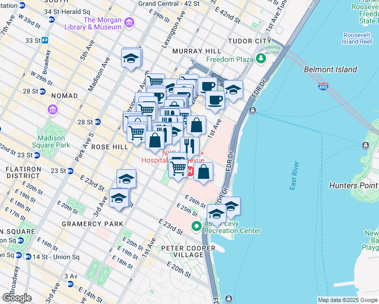 map of restaurants, bars, coffee shops, grocery stores, and more near 323 East 29th Street in New York