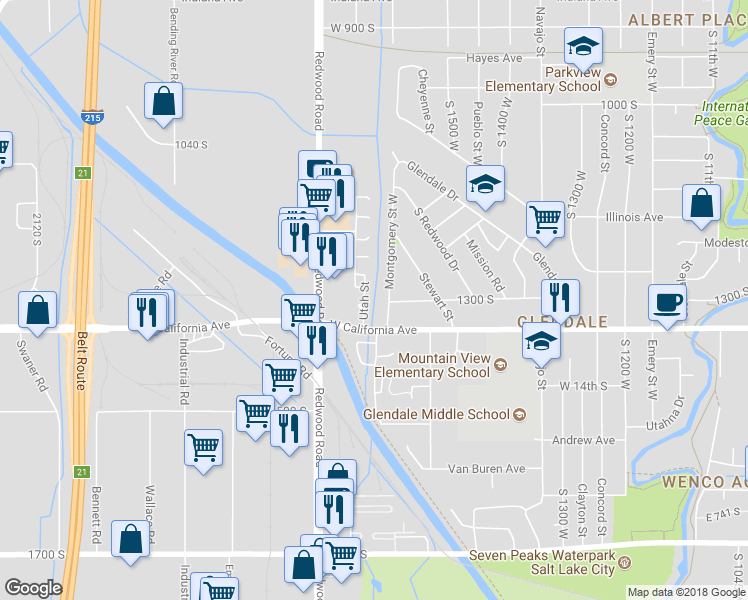 map of restaurants, bars, coffee shops, grocery stores, and more near 1288 Montgomery Street West in Salt Lake City