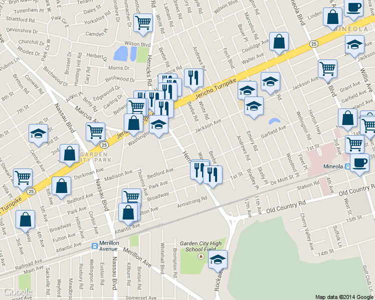map of restaurants, bars, coffee shops, grocery stores, and more near 202 Herricks Road in Mineola