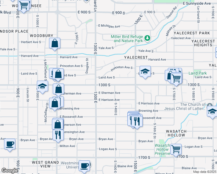 map of restaurants, bars, coffee shops, grocery stores, and more near 1360 East 1300 South in Salt Lake City