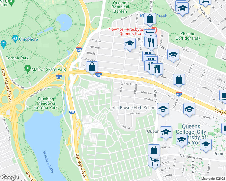 map of restaurants, bars, coffee shops, grocery stores, and more near 135-02 62nd Avenue in Queens