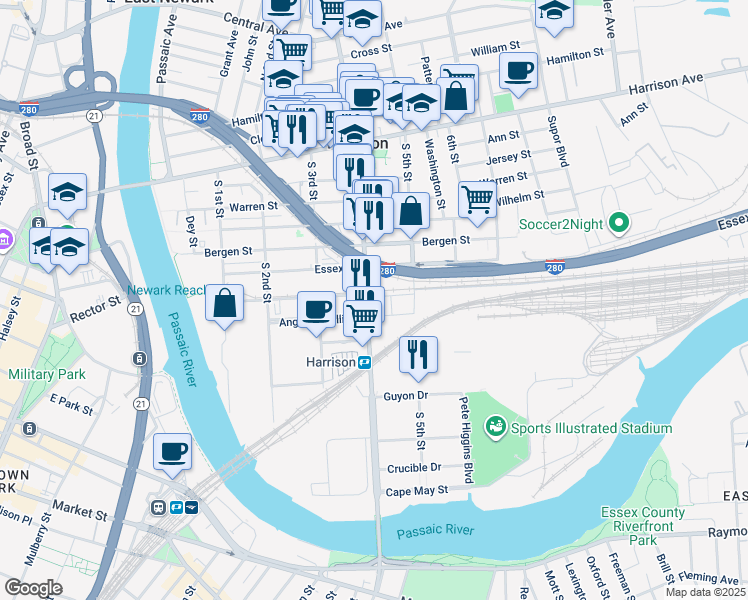 map of restaurants, bars, coffee shops, grocery stores, and more near 600 Frank E Rodgers Boulevard South in Harrison