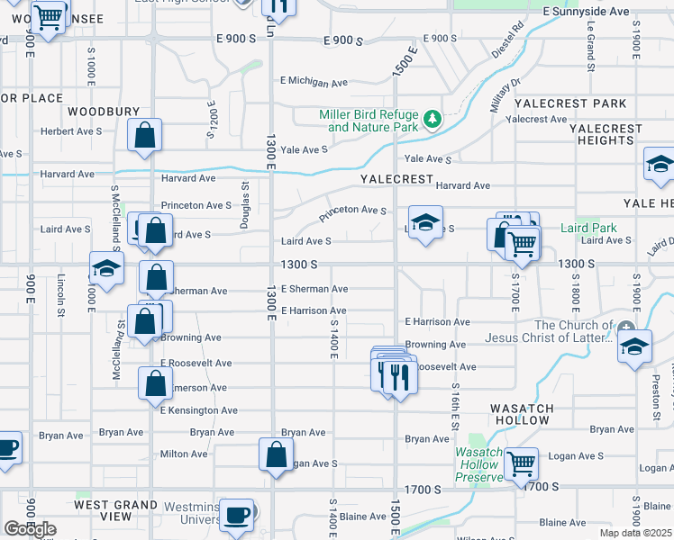map of restaurants, bars, coffee shops, grocery stores, and more near 1404 East 1300 South in Salt Lake City