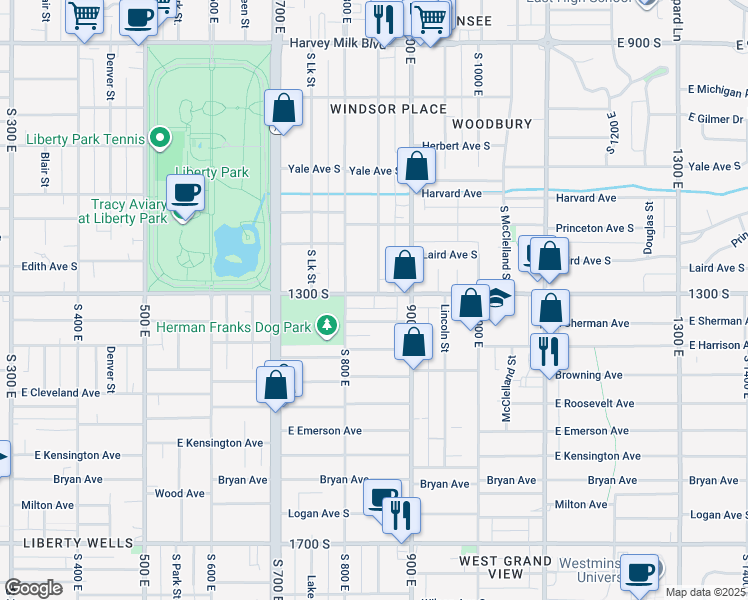 map of restaurants, bars, coffee shops, grocery stores, and more near 834 East 1300 South in Salt Lake City