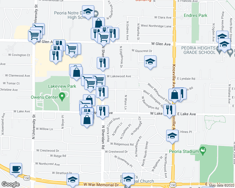 map of restaurants, bars, coffee shops, grocery stores, and more near 4418 North Pleasant Ridge Court in Peoria