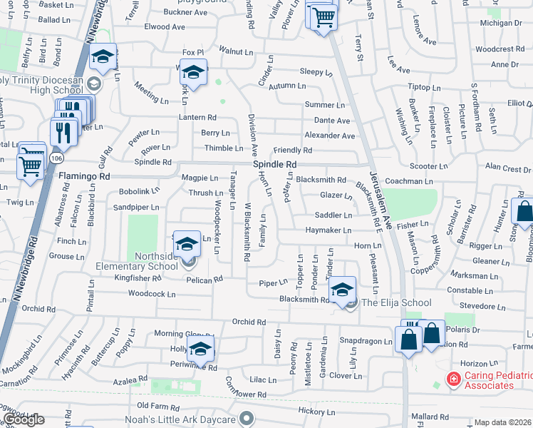 map of restaurants, bars, coffee shops, grocery stores, and more near 15 Family Lane in Levittown