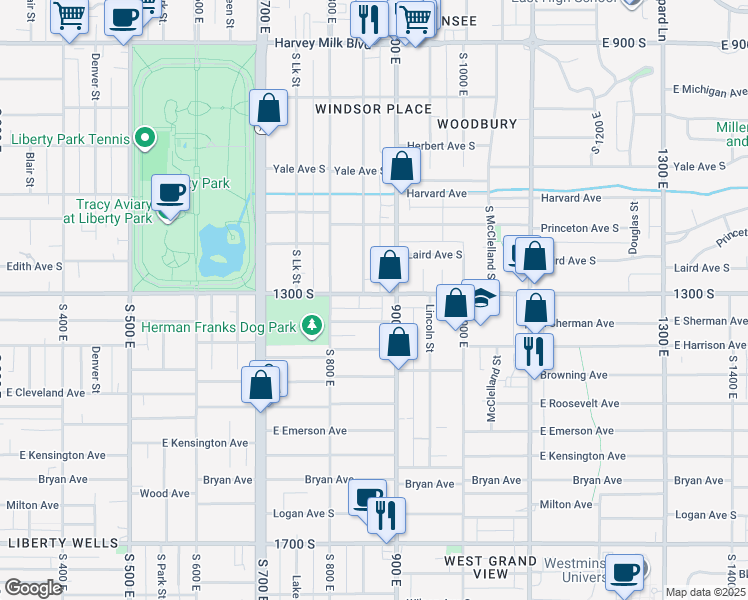 map of restaurants, bars, coffee shops, grocery stores, and more near 864 East 1300 South in Salt Lake City