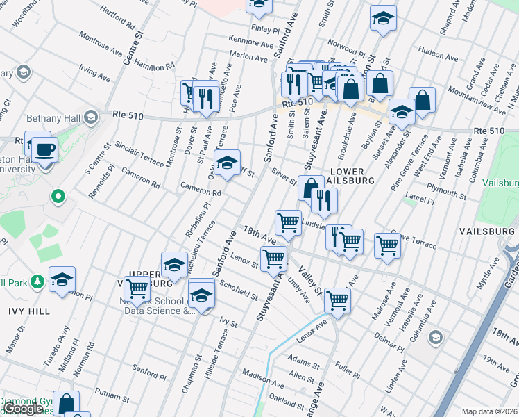 map of restaurants, bars, coffee shops, grocery stores, and more near 307 Smith Street in Newark