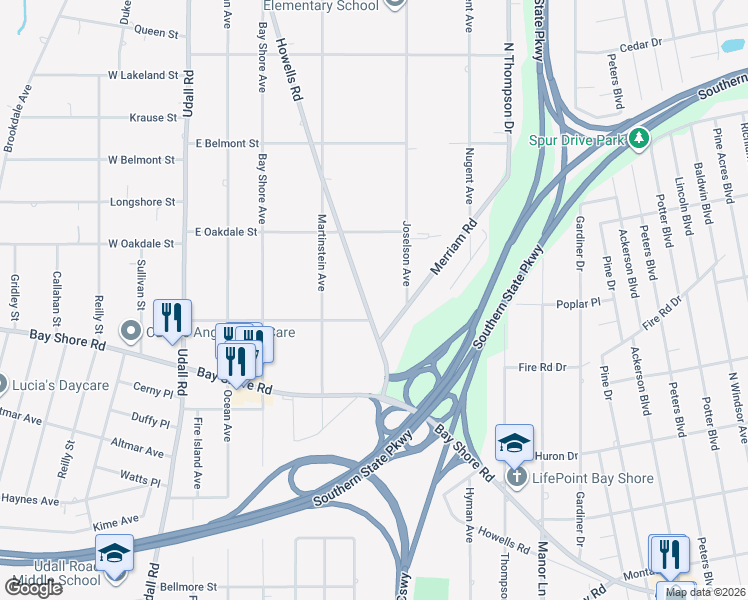 map of restaurants, bars, coffee shops, grocery stores, and more near 1020 Howells Road in Bay Shore