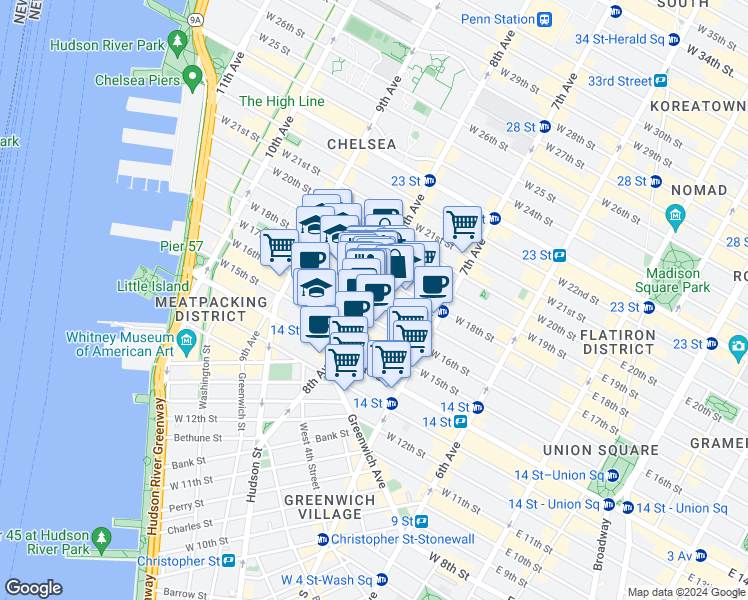 map of restaurants, bars, coffee shops, grocery stores, and more near 146-150 8th Avenue in New York