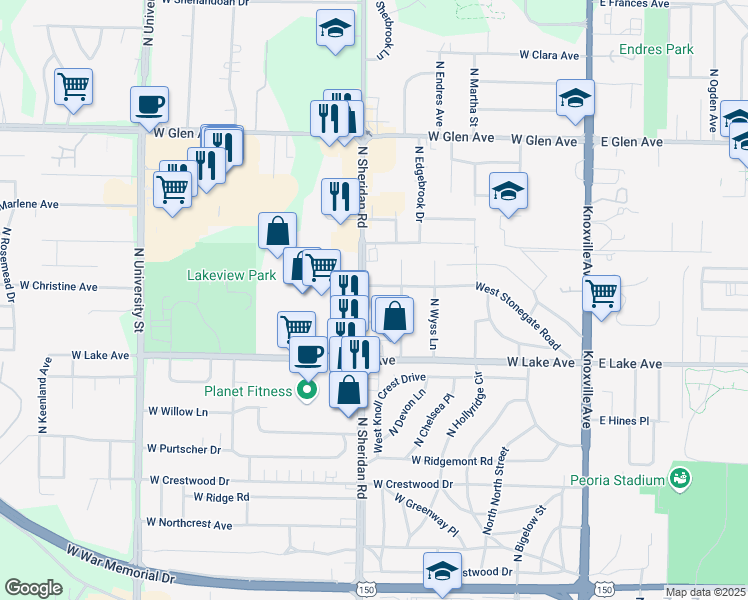 map of restaurants, bars, coffee shops, grocery stores, and more near 4416 North Sheridan Road in Peoria