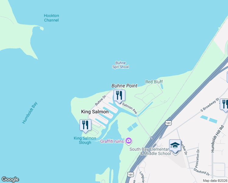 map of restaurants, bars, coffee shops, grocery stores, and more near 1361 Buhne Drive in Eureka