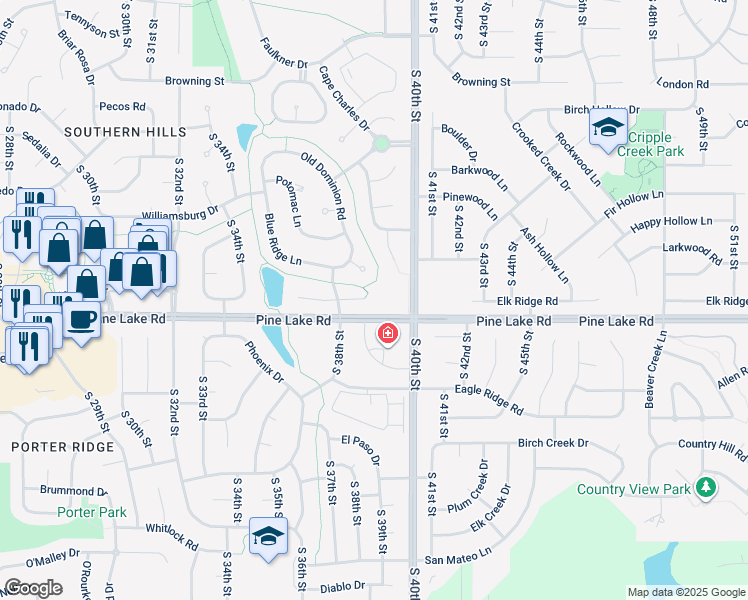 map of restaurants, bars, coffee shops, grocery stores, and more near 3900 Pine Lake Road in Lincoln