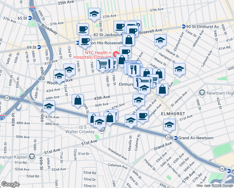 map of restaurants, bars, coffee shops, grocery stores, and more near 79-05 45th Avenue in Queens