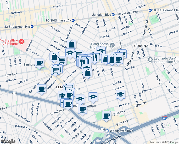 map of restaurants, bars, coffee shops, grocery stores, and more near 91-6 48th Avenue in Queens